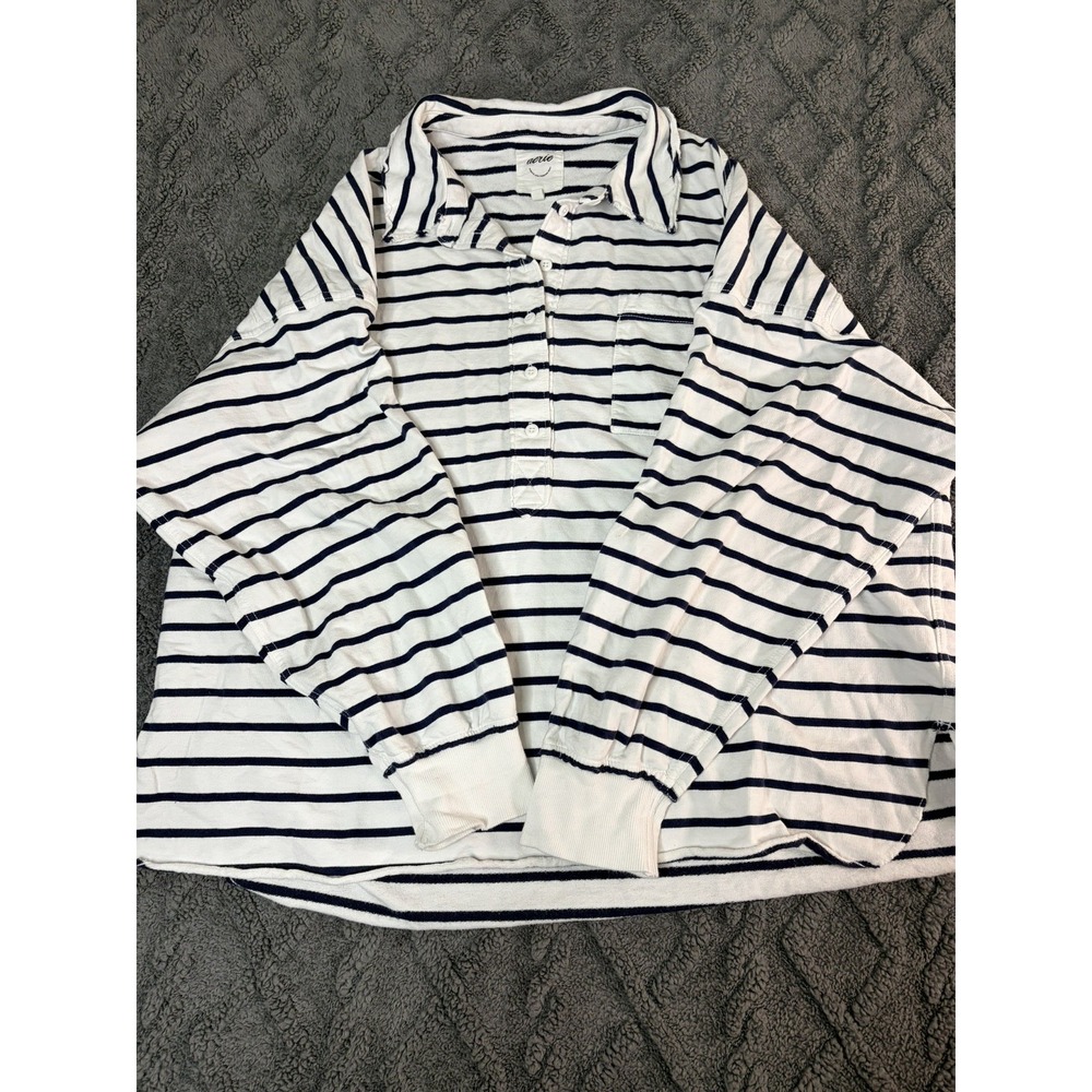 Aerie Size L Take It Easy Popover Polo Sweatshirt White Navy Stripe Oversized